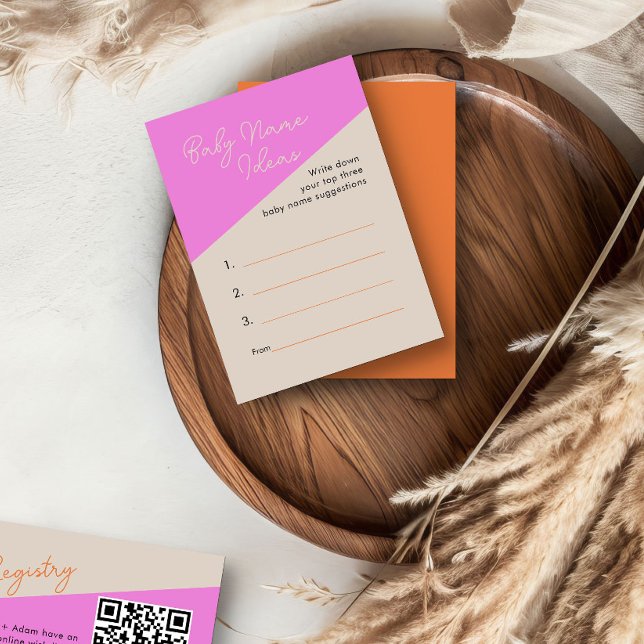 Baby Name Ideas Bright Pink Orange Activity Card (Baby Name Ideas baby shower activity from my Tricolor Baby Shower Collection)