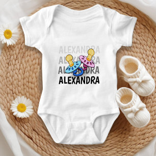 Baby name in shades white to black with pacifier bodysuit