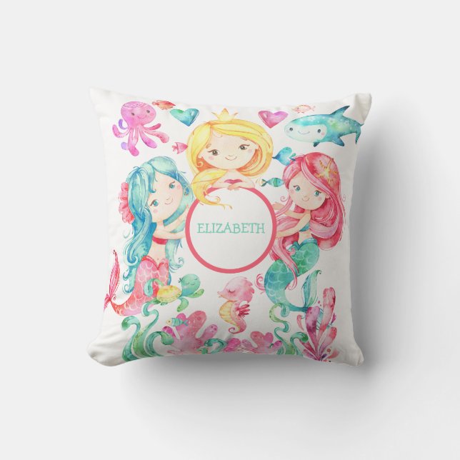 Baby Name Mermaids Under the Sea Cute Nursery Cushion (Front)