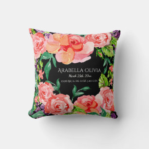 Baby Name Modern Watercolor Black Floral Stripe Cushion