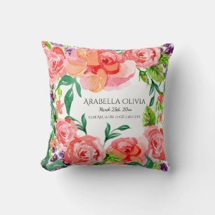 Baby Name Modern Watercolor Hot Pink Rose Floral Cushion