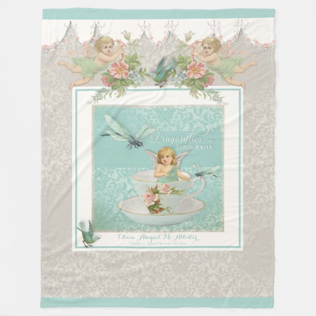 Baby Name Personalised Crib Fairy Teacup Dragonfly Fleece Blanket (Front)