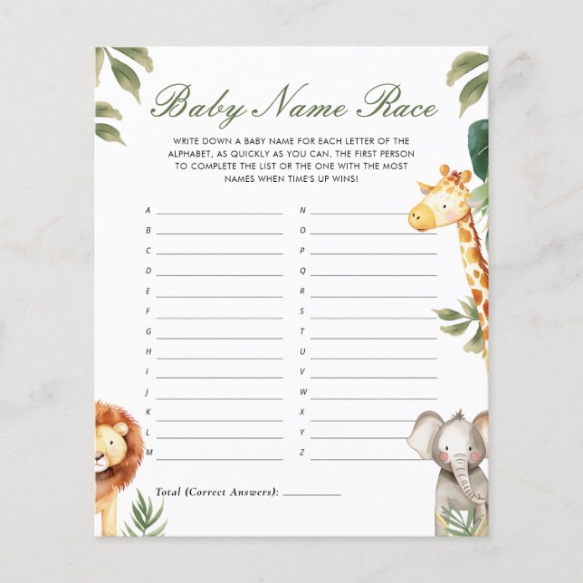 Baby Name Race A Little Wild One Baby Shower Game (Front)