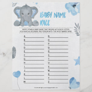 Baby Name Race [Baby Elephant [Blue] Custom Letterhead