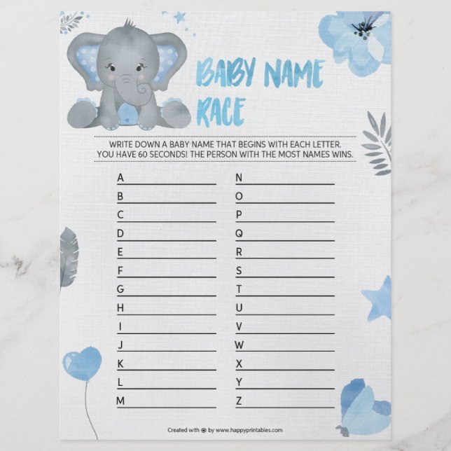 Baby Name Race [Baby Elephant [Blue] Custom Letterhead (Front)
