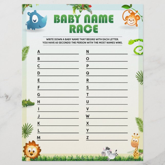 Baby Name Race Baby Shower Game [Animal Theme] Custom Letterhead (Front)