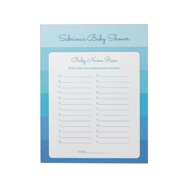 Baby Name Race Blue Ombre Stripes Baby Shower Game Notepad (Rotated)