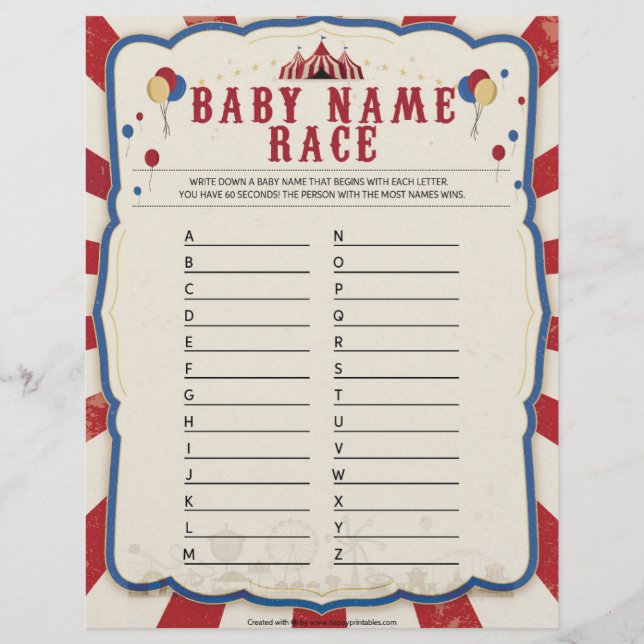 Baby Name Race [Circus Theme] Custom Letterhead (Front)