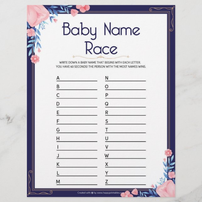 Baby Name Race [Floral Frame] Custom Letterhead (Front)