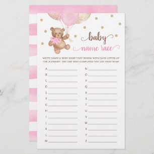 Baby Name Race Game Baby Shower Teddy Bear 