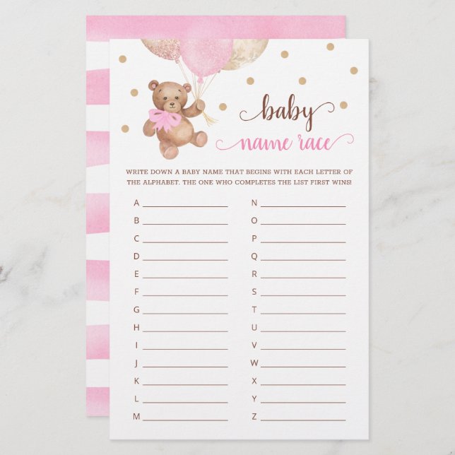 Baby Name Race Game Baby Shower Teddy Bear  (Front/Back)