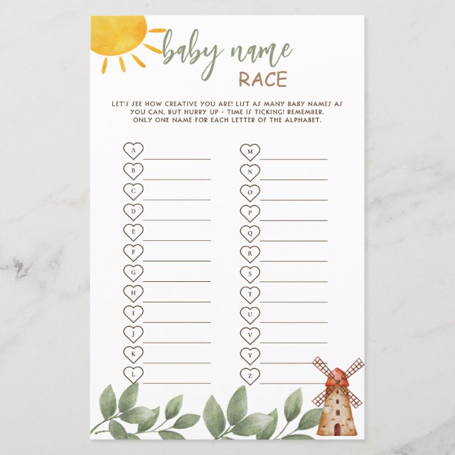 Baby Name Race Game Farm Animals Baby Shower (Front)