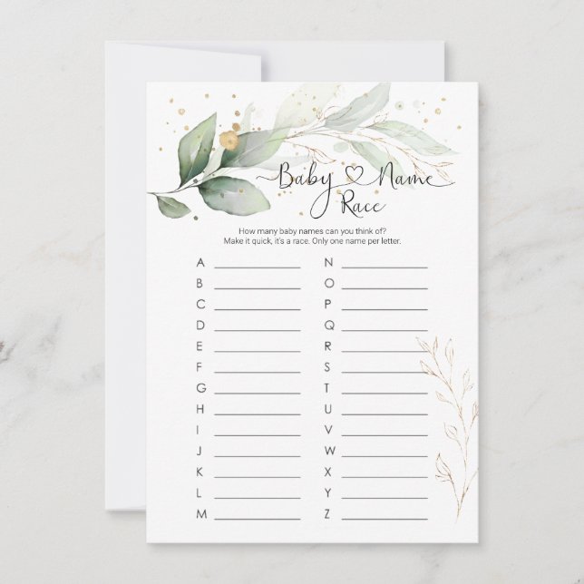 Baby Name Race Game, Greenery Baby Shower Game Inv Invitation (Front)