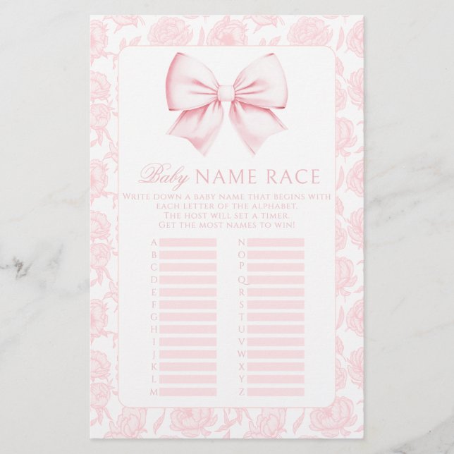 Baby Name Race Pink Bow Baby Girl Shower Games (Front)