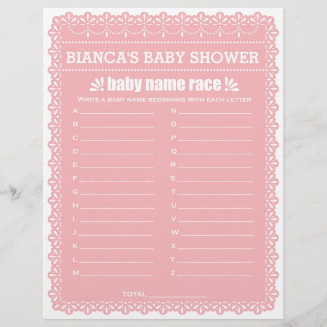Baby Name Race Pink Papel Picado Baby Shower Game (Front)