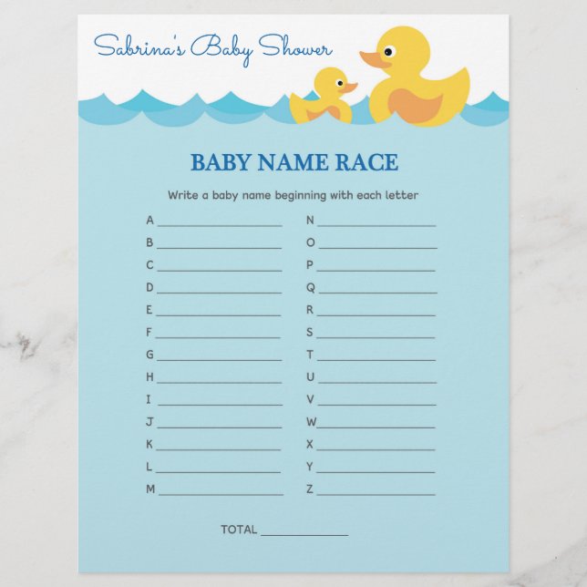 Baby Name Race Rubber Duck Baby Shower Game (Front)