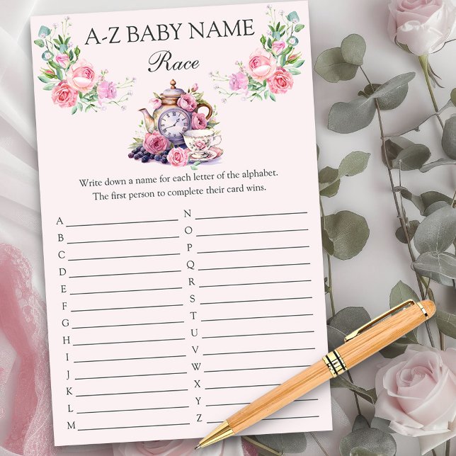 Baby Name Race Shower Game Vintage Tea Pot Floral (Baby Name baby shower game sheets from my Vintage Tea Party Baby Shower Collection)