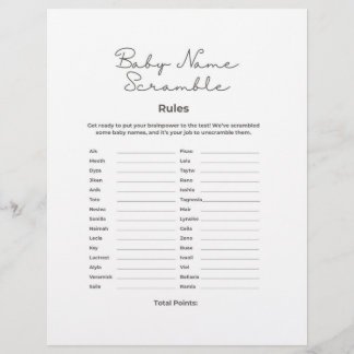 Baby Name Scramble for Baby Shower with Answers Custom Letterhead
