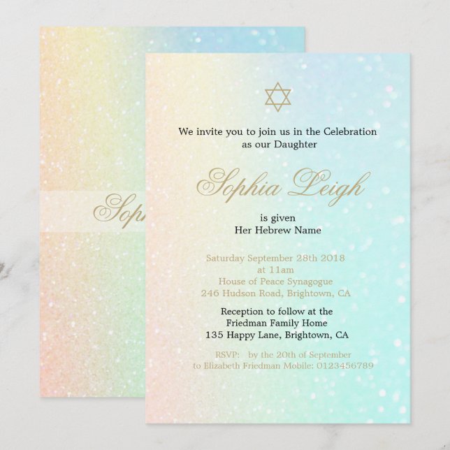 Baby Naming Ceremony Hebrew Girl Pink Glitter Invitation (Front/Back)