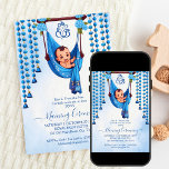 Baby Naming Cradle Indian Ceremony blue template<br><div class="desc">Hindu traditional Baby Naming Ceremony Cradle Ceremony editable template invitation instant digital download,  Namakarana ceremony invitation,   blue carnation pom and bell garlands decorated baby cradle with a cute baby flowers garland decor around with Ganesha,  for a baby boy,  blue and white pastel colours</div>