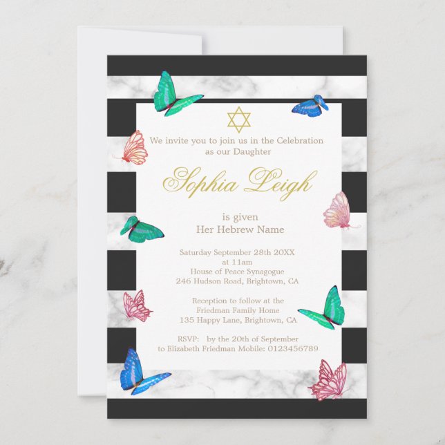Baby Naming Jewish Black White Stripe Butterfly  Invitation (Front)