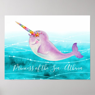 Baby narwhal rainbow underwater watercolor name poster