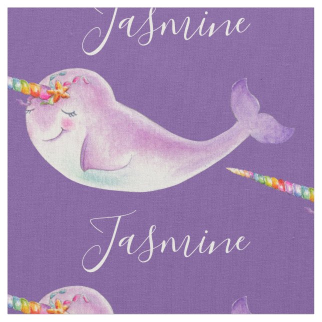 Baby narwhal watercolor art purple custom name fabric (Close Up)