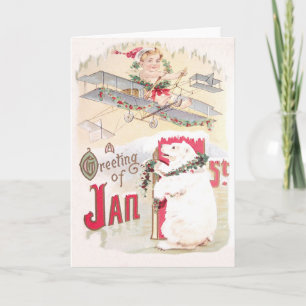 Baby New Year Aeroplane Polar Bear Holiday Card
