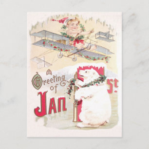 Baby New Year Aeroplane Polar Bear Holiday Postcard