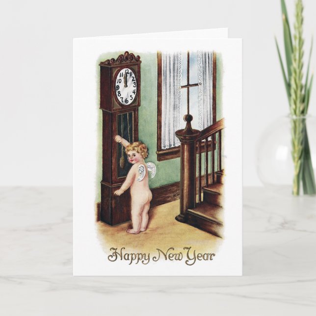 Baby New Year and Grandfather Clock Holiday Card (Front)