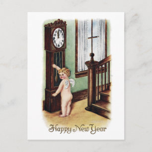 Baby New Year and Grandfather Clock Holiday Postcard