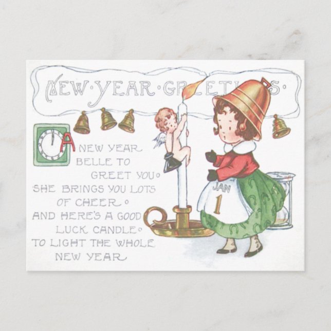 Baby New Year Candle Bells Clock Hourglass Holiday Postcard (Front)