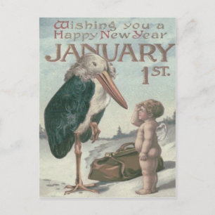 Baby New Year Cherub Angel Stork Holiday Postcard