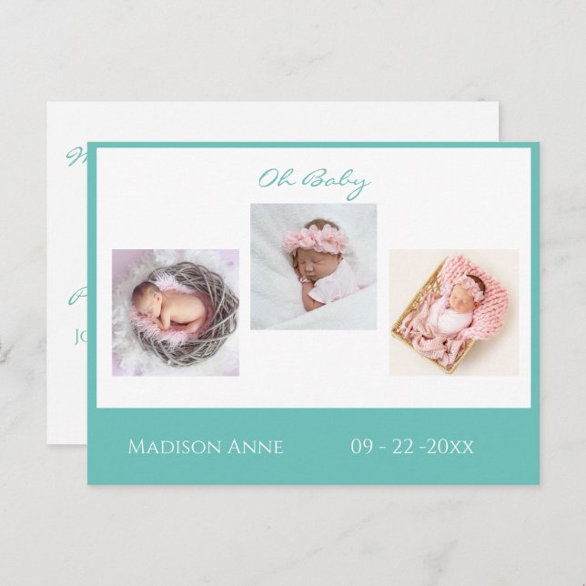 Baby Newborn Photo Green Gender Neutral Cute Birth Announcement Postcard (Front/Back)