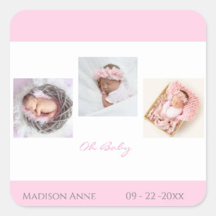 Baby Newborn Photo Pink Baby Girl Cute Birth Square Sticker