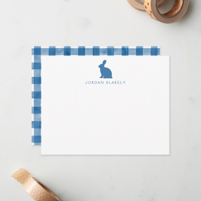 Baby Note Card, Blue Bunny Gingham Flat Card (Front/Back In Situ)