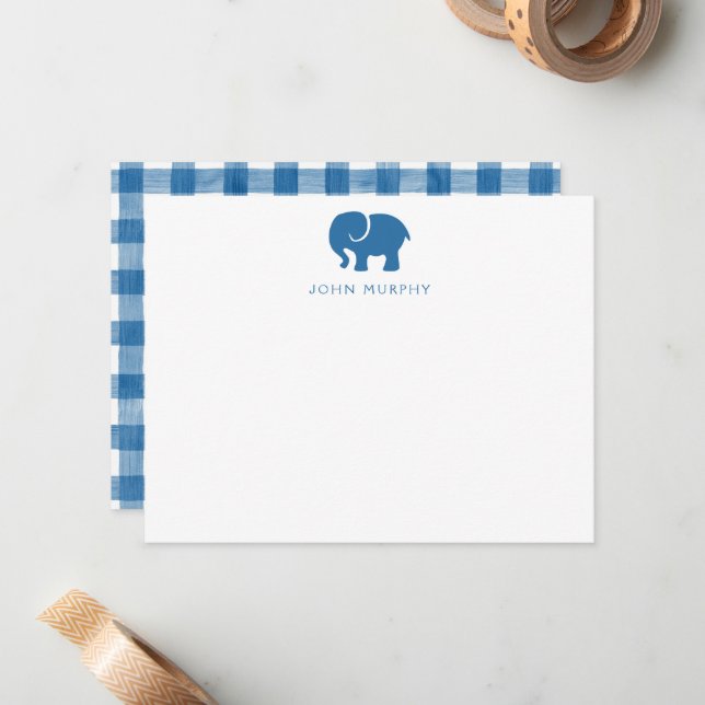 Baby Note Card, Blue Elephant Gingham Flat Card (Front/Back In Situ)