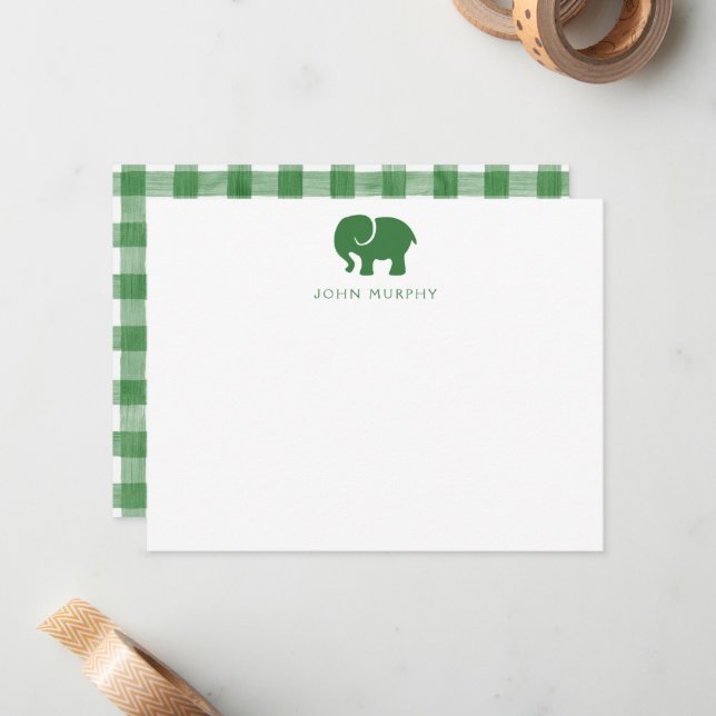 Baby Note Card, Green Elephant Gingham Flat Card (Front/Back In Situ)