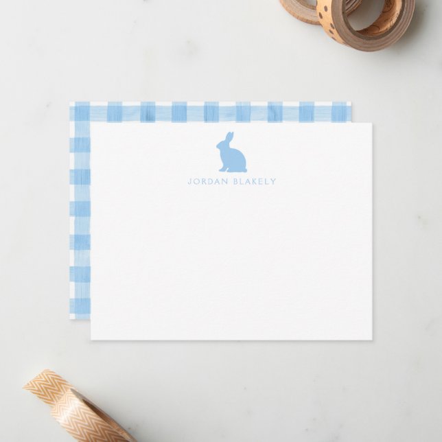 Baby Note Card, Light Blue Bunny Gingham Flat Card (Front/Back In Situ)