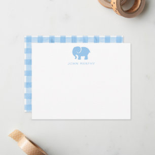 Baby Note Card, Light Blue Elephant Gingham Flat Card