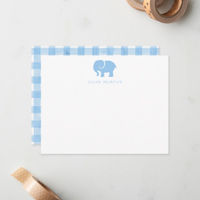 Baby Note Card, Light Blue Elephant Gingham Flat Card (Front/Back In Situ)