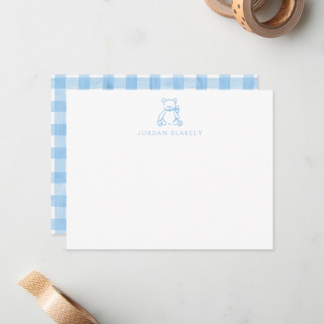 Baby Note Card, Light Blue Teddy Bear Gingham Flat Card (Front/Back In Situ)