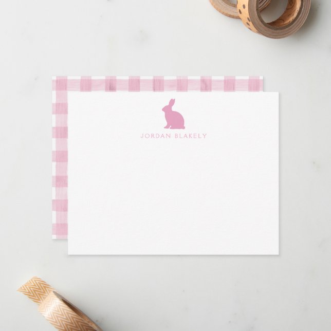 Baby Note Card, Light Pink Bunny Gingham Flat Card (Front/Back In Situ)