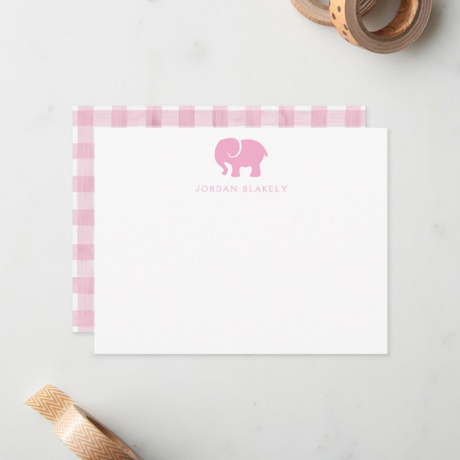 Baby Note Card, Light Pink Elephant Gingham Flat Card (Front/Back In Situ)