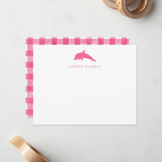 Baby Note Card, Pink Dolphin Gingham Flat Card (Front/Back In Situ)