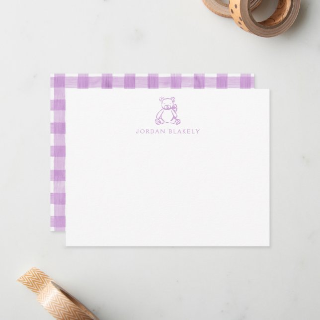 Baby Note Card, Purple Teddy Bear Gingham Flat Card (Front/Back In Situ)