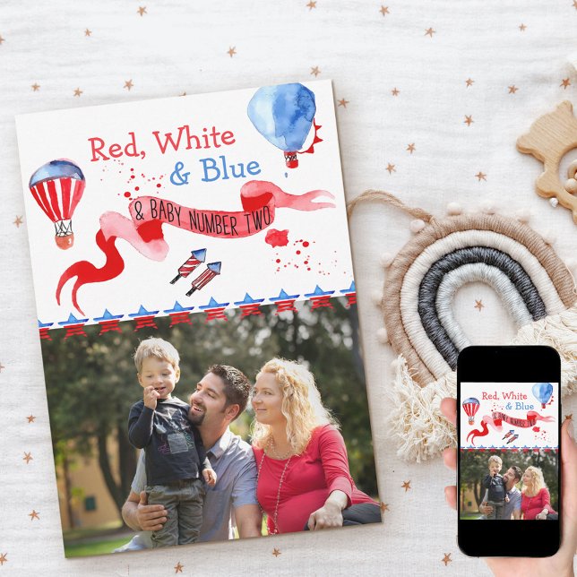 Baby Number Two Red White and Blue Photo Pregnancy Announcement (Creator Uploaded)