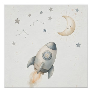 Baby Nursery Wall Art – Watercolor Rocket Poster