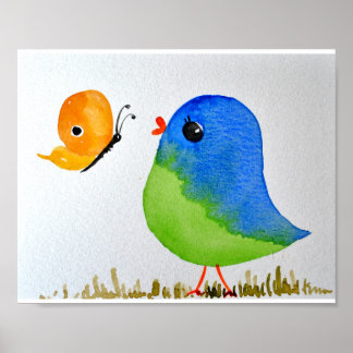 Baby Nursery wallart_  Watercolor Blue Bird Poster