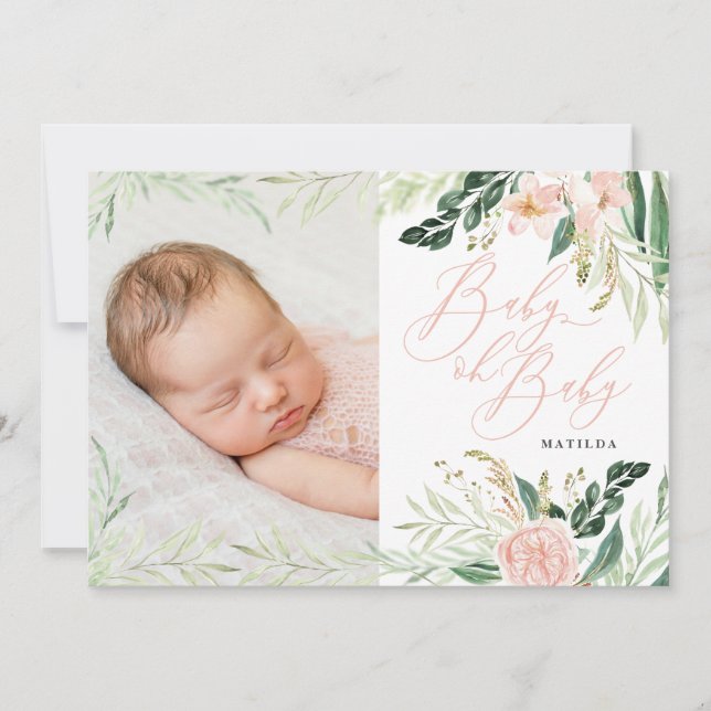 Baby oh baby pink floral photo birth announcement (Front)